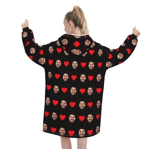 Custom Face Love Heart Hooded Pajama Fleece Loungewear For Women