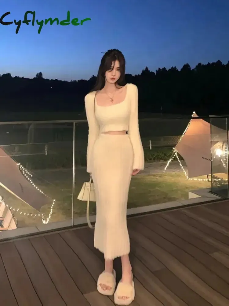 Cyflymder Autumn Sweater Knitted Suits Female Elegant 2 Piece Dress Korean Fashion Even Party Y2k Mini Dress Office Lady Short Skirts