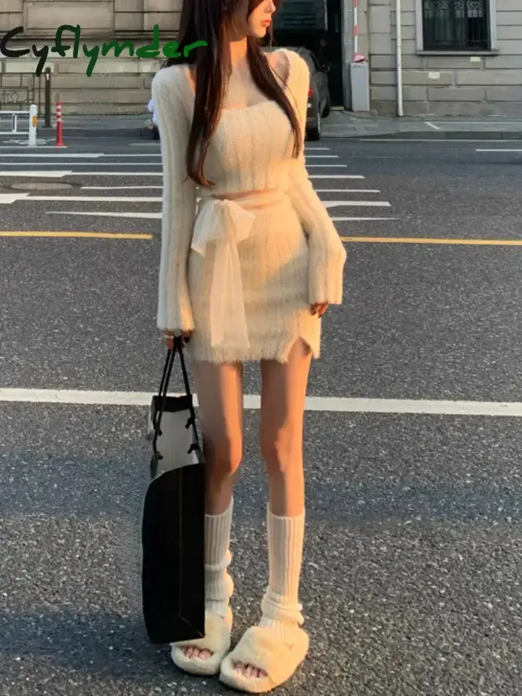 Cyflymder Autumn Sweater Knitted Suits Female Elegant 2 Piece Dress Korean Fashion Even Party Y2k Mini Dress Office Lady Short Skirts
