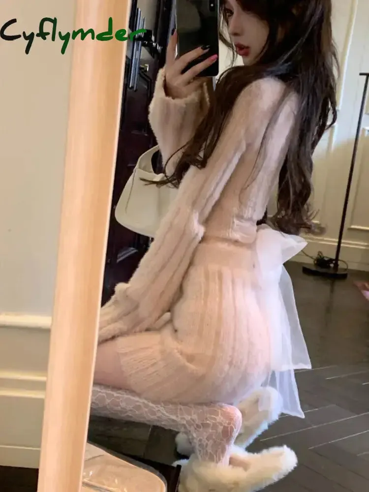 Cyflymder Autumn Sweater Knitted Suits Female Elegant 2 Piece Dress Korean Fashion Even Party Y2k Mini Dress Office Lady Short Skirts