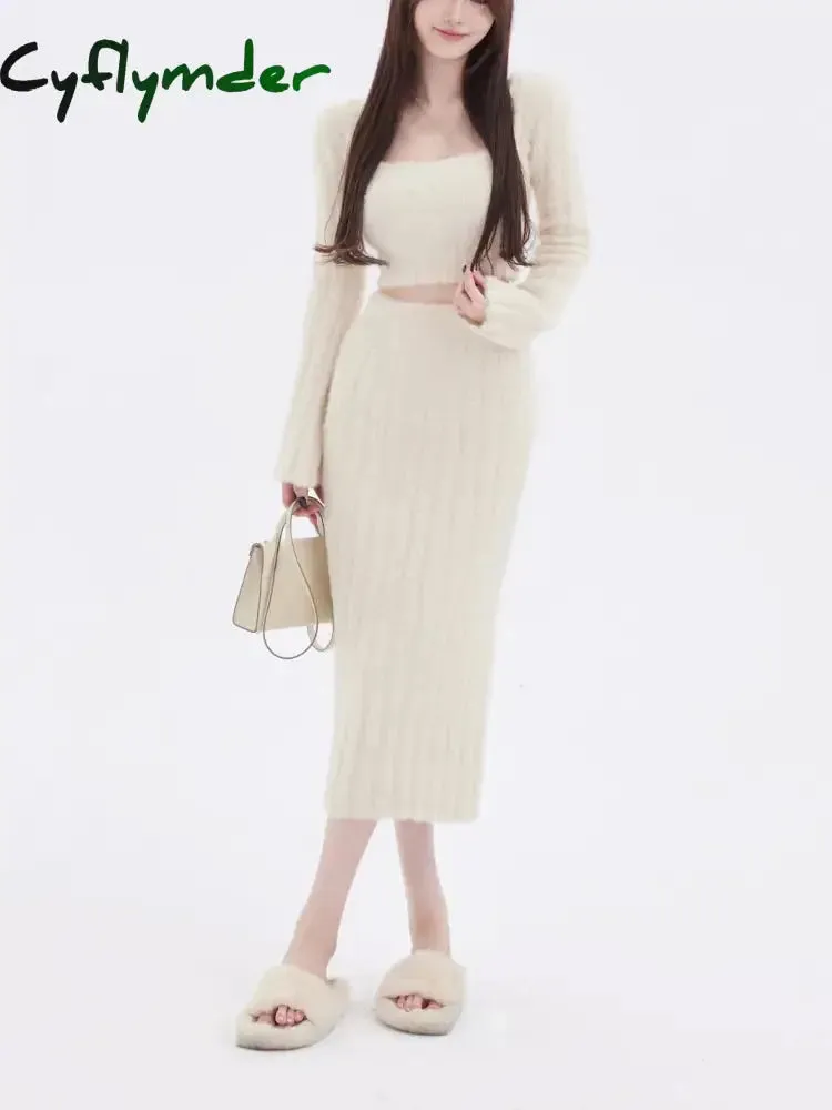 Cyflymder Autumn Sweater Knitted Suits Female Elegant 2 Piece Dress Korean Fashion Even Party Y2k Mini Dress Office Lady Short Skirts