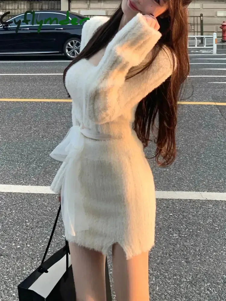 Cyflymder Autumn Sweater Knitted Suits Female Elegant 2 Piece Dress Korean Fashion Even Party Y2k Mini Dress Office Lady Short Skirts