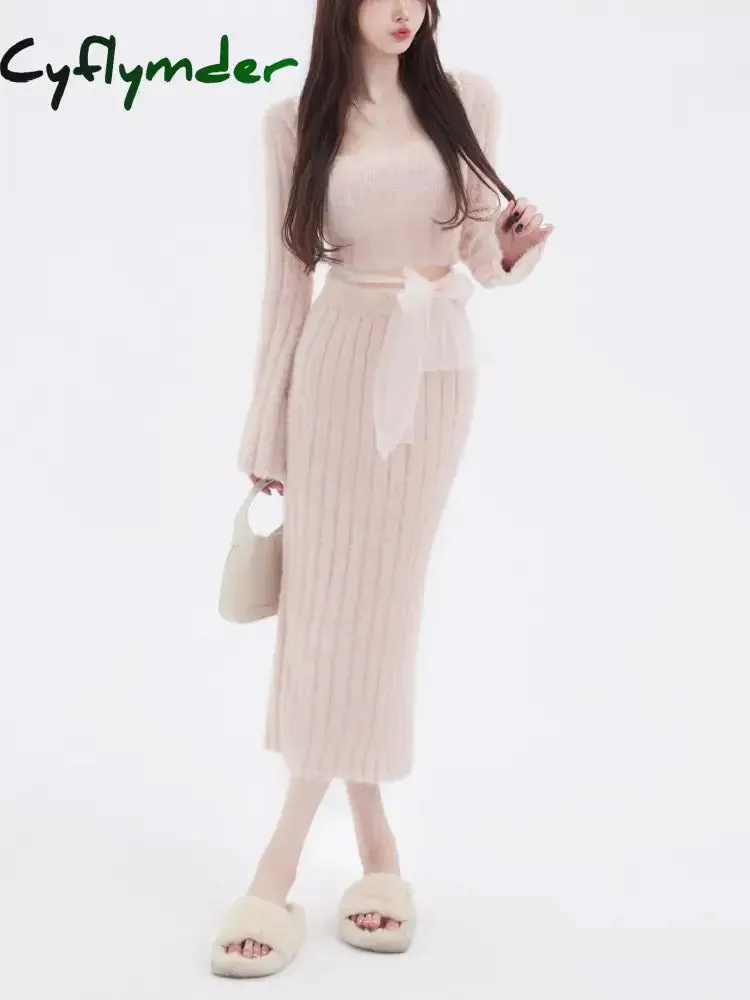Cyflymder Autumn Sweater Knitted Suits Female Elegant 2 Piece Dress Korean Fashion Even Party Y2k Mini Dress Office Lady Short Skirts