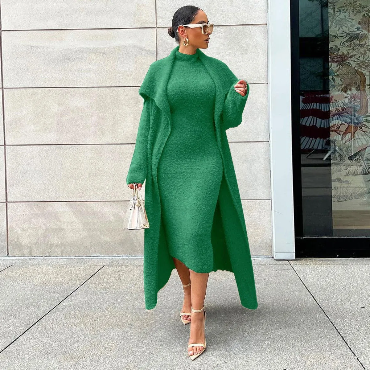 Double-sided Loose Long Velvet Cardigan Sweater and Dress