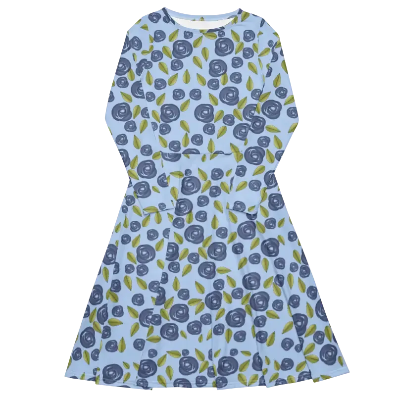 Eco Blue Roses Long Sleeve Midi Dress