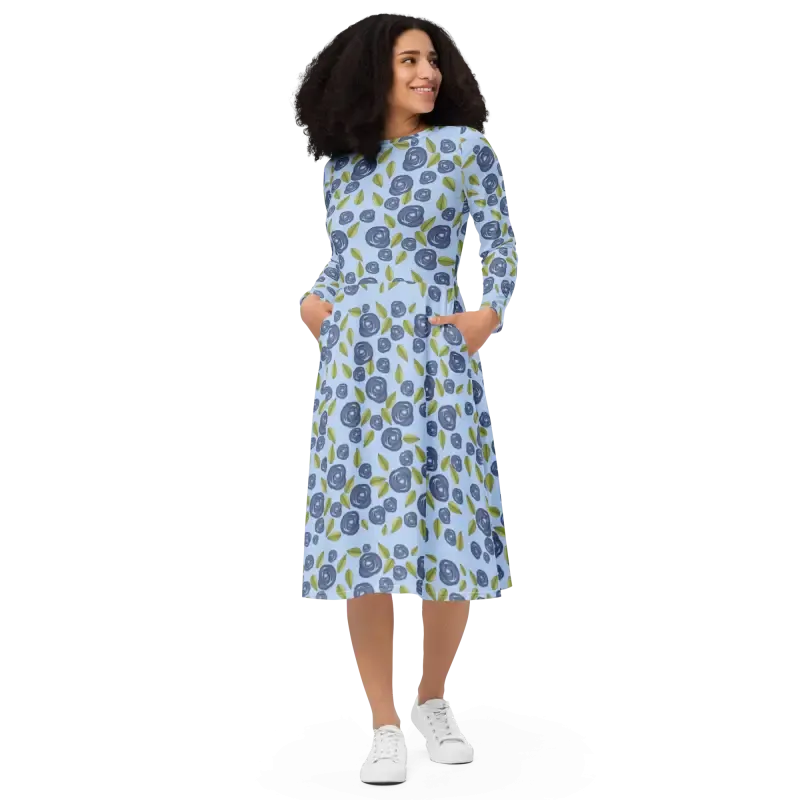 Eco Blue Roses Long Sleeve Midi Dress