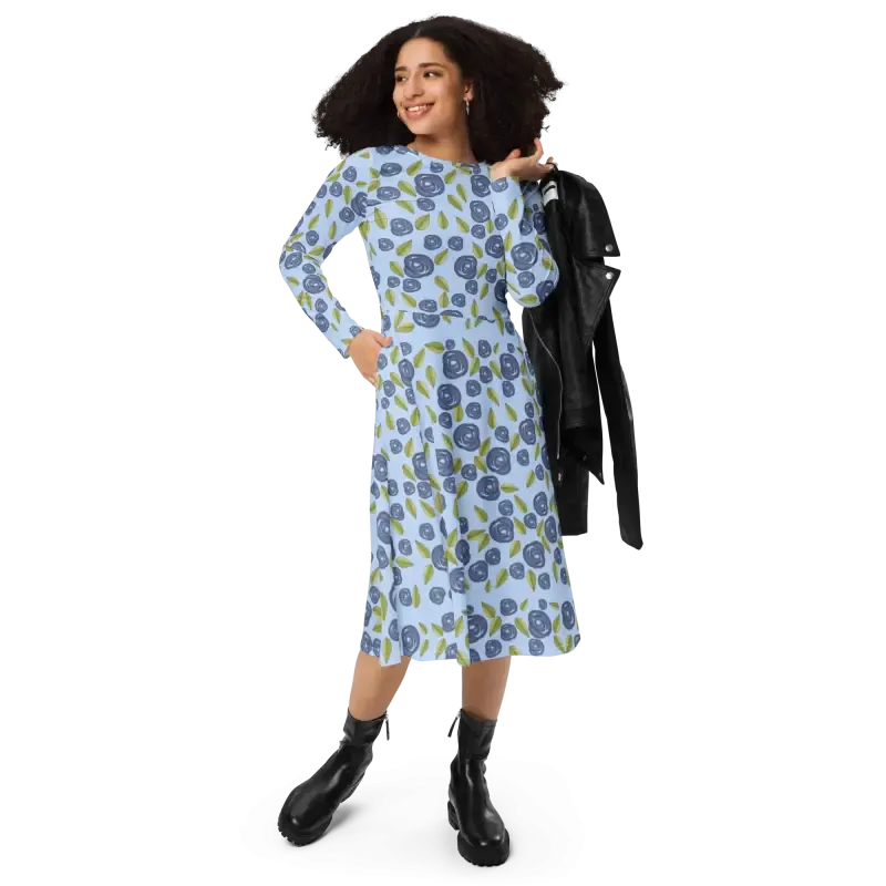 Eco Blue Roses Long Sleeve Midi Dress