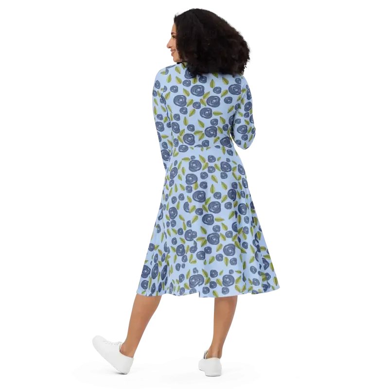 Eco Blue Roses Long Sleeve Midi Dress