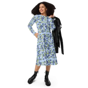 Eco Blue Roses Long Sleeve Midi Dress