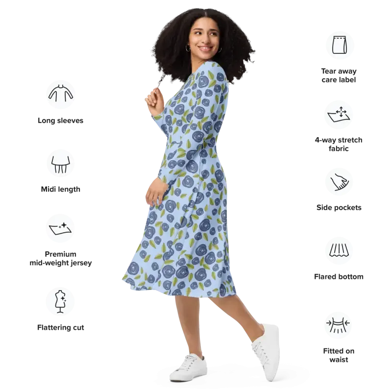 Eco Blue Roses Long Sleeve Midi Dress