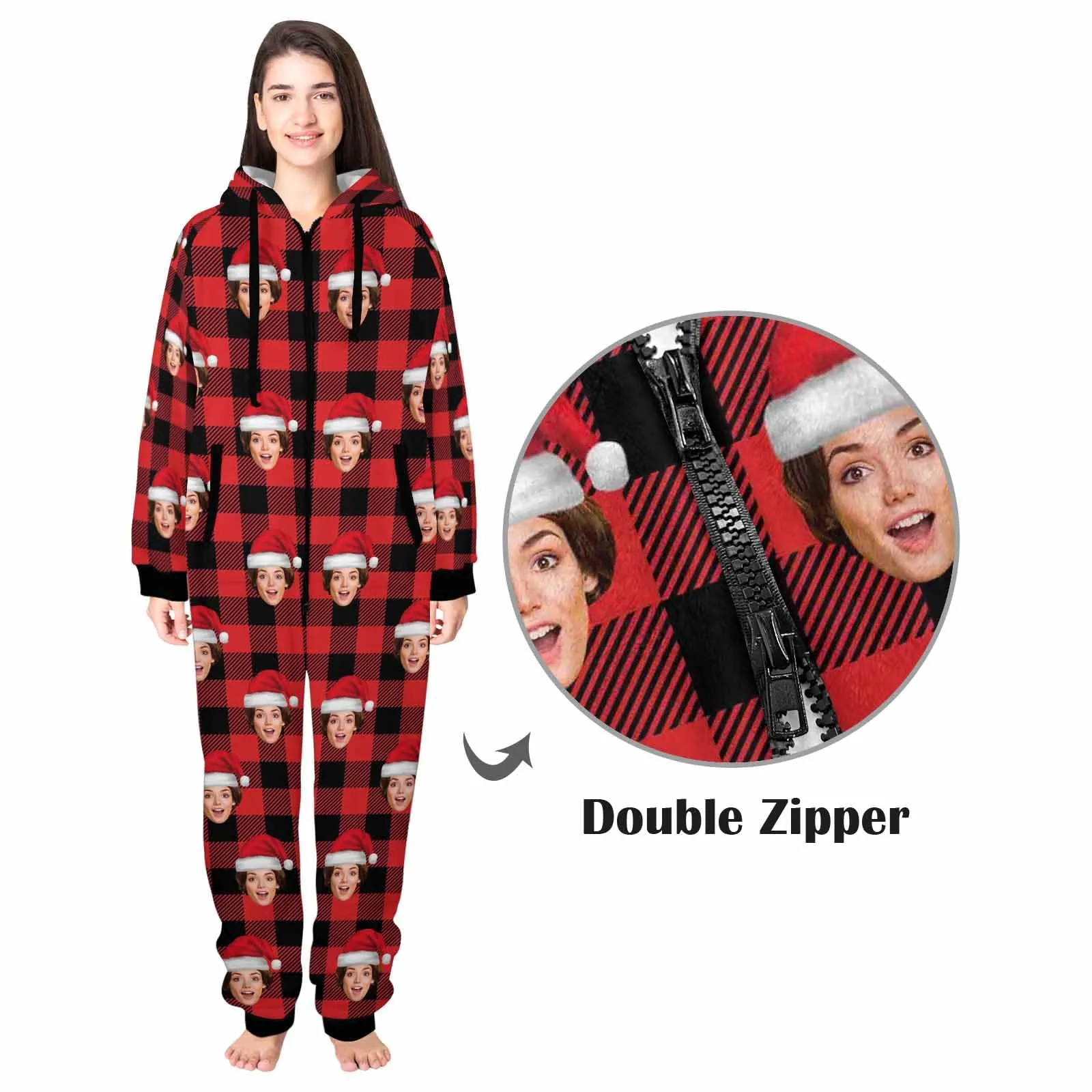 Flannel Fleece Adult/Kid Onesie Pajamas Custom Face Buffalo Check Christmas Jumpsuit Homewear