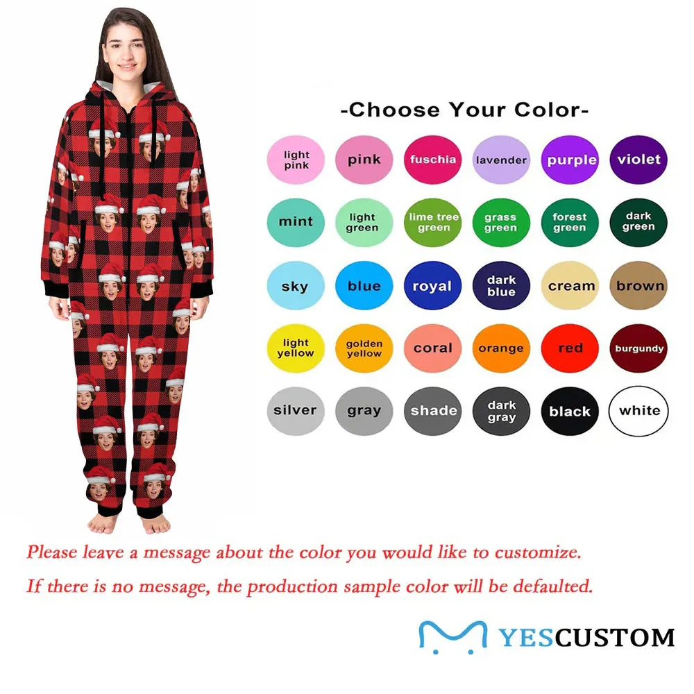 Flannel Fleece Adult/Kid Onesie Pajamas Custom Face Buffalo Check Christmas Jumpsuit Homewear