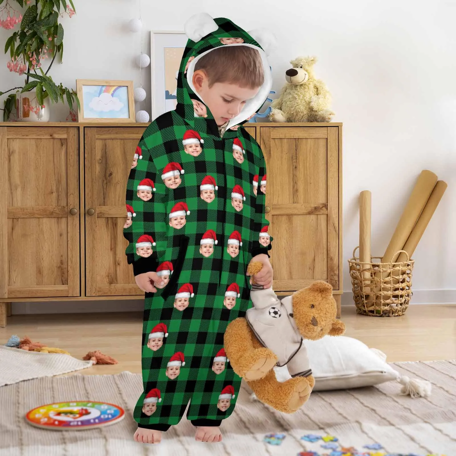 Flannel Fleece Adult/Kid Onesie Pajamas Custom Face Buffalo Check Christmas Jumpsuit Homewear