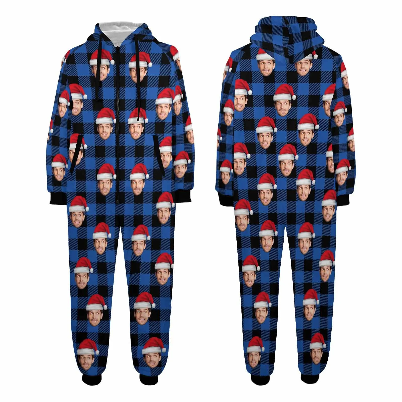Flannel Fleece Adult/Kid Onesie Pajamas Custom Face Buffalo Check Christmas Jumpsuit Homewear