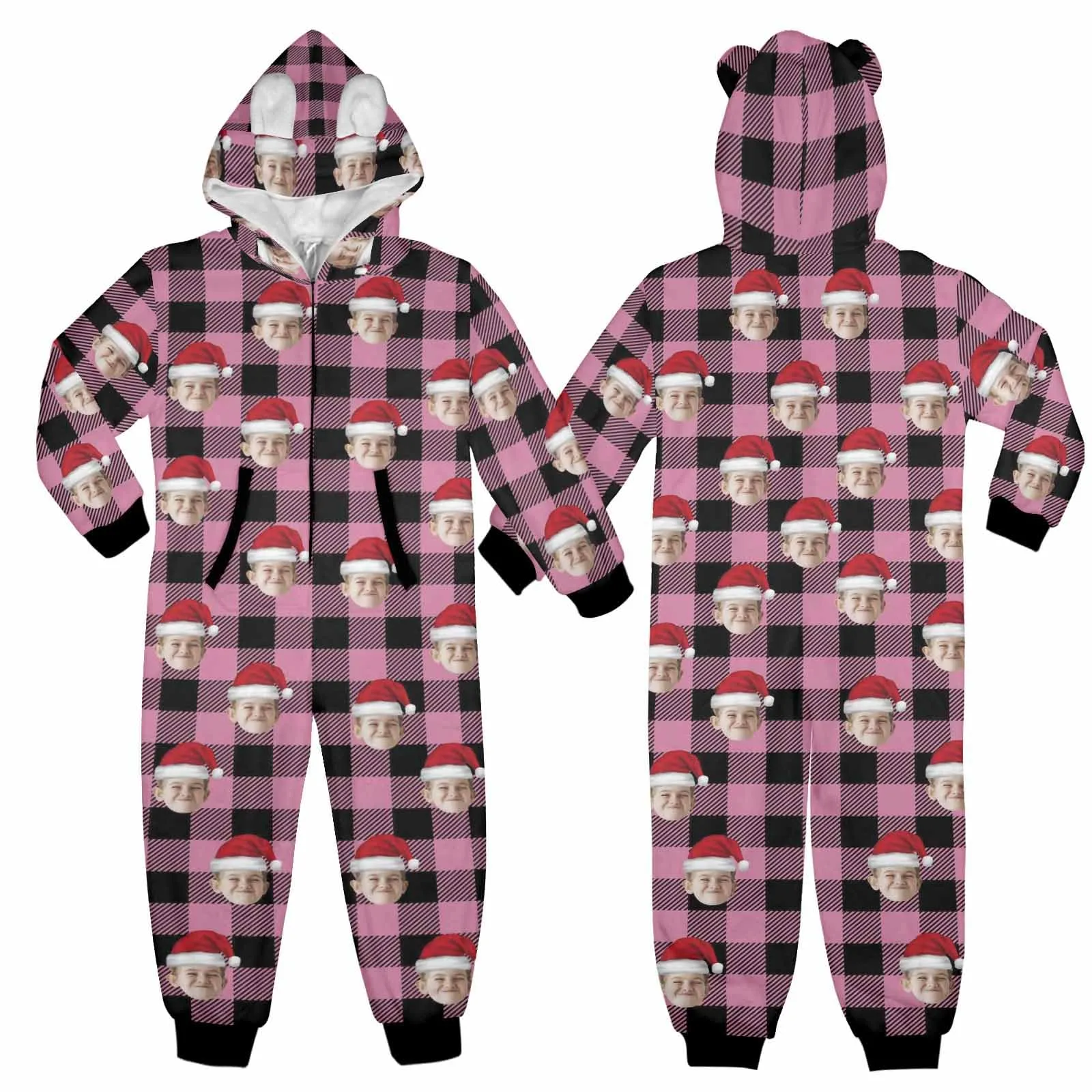 Flannel Fleece Adult/Kid Onesie Pajamas Custom Face Buffalo Check Christmas Jumpsuit Homewear