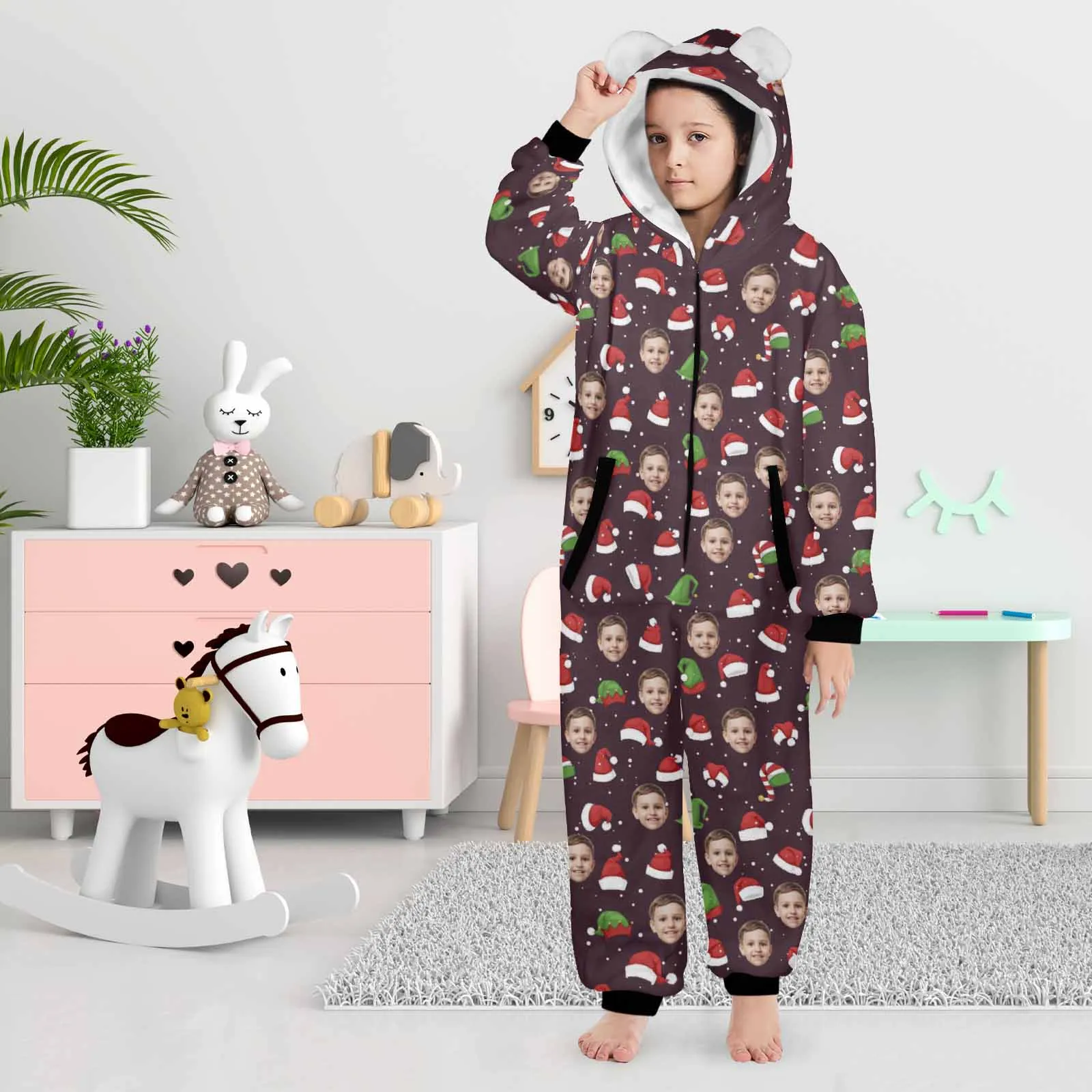 Flannel Fleece Adult/Kid Onesie Pajamas Custom Face Christmas Hat Jumpsuit Homewear