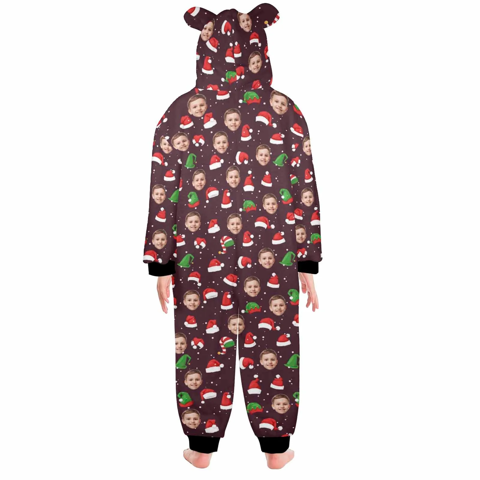Flannel Fleece Adult/Kid Onesie Pajamas Custom Face Christmas Hat Jumpsuit Homewear