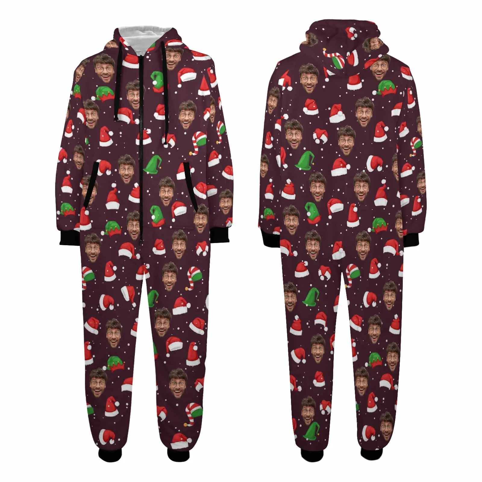 Flannel Fleece Adult/Kid Onesie Pajamas Custom Face Christmas Hat Jumpsuit Homewear