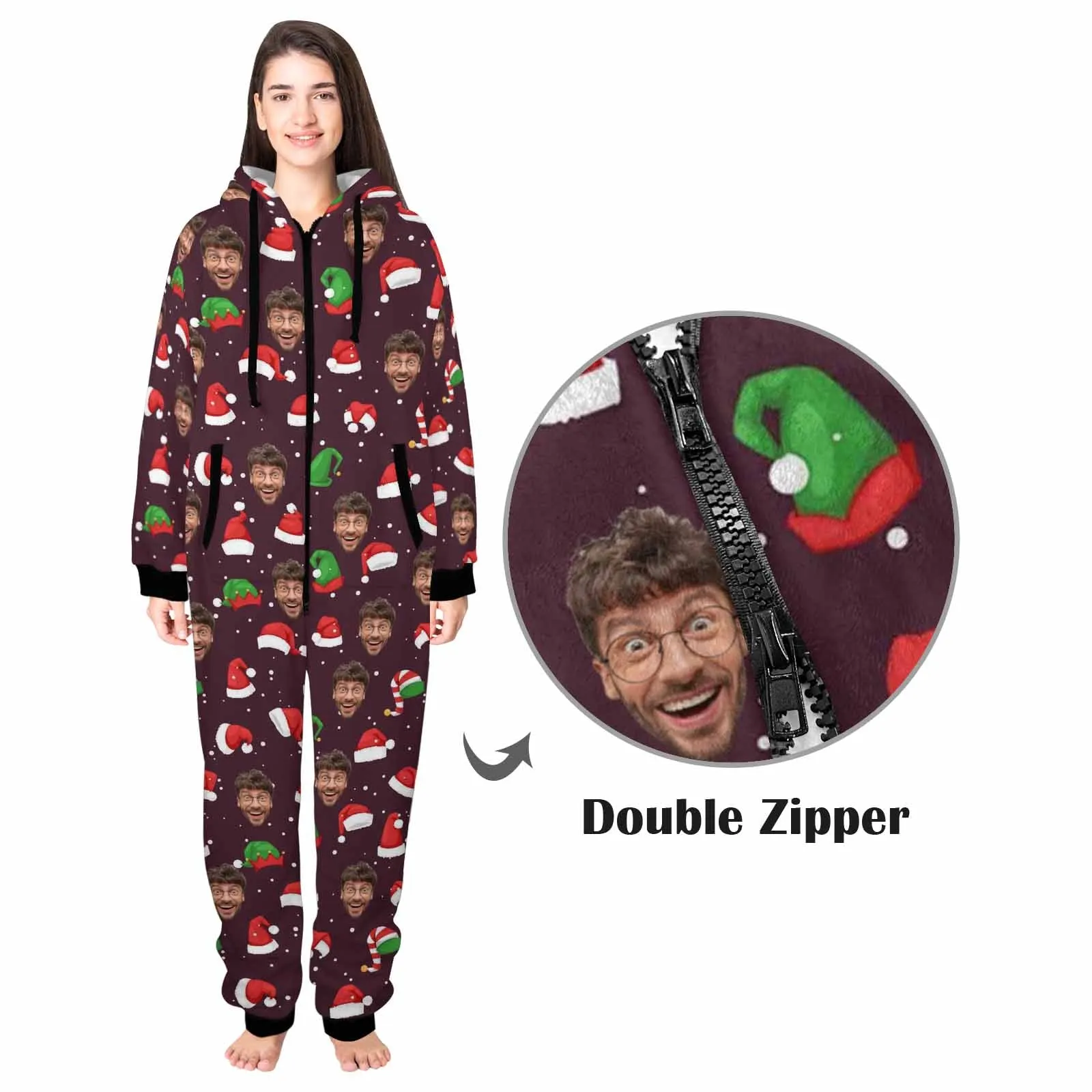 Flannel Fleece Adult/Kid Onesie Pajamas Custom Face Christmas Hat Jumpsuit Homewear