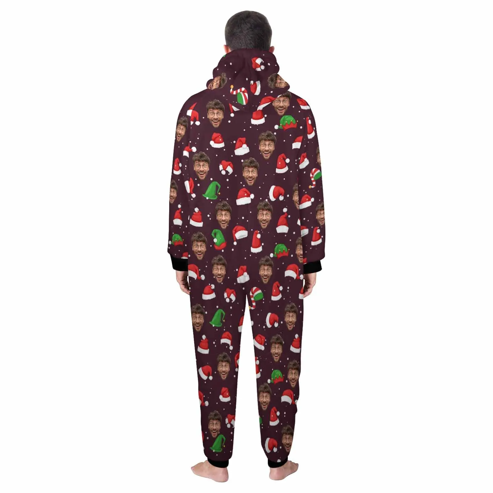 Flannel Fleece Adult/Kid Onesie Pajamas Custom Face Christmas Hat Jumpsuit Homewear