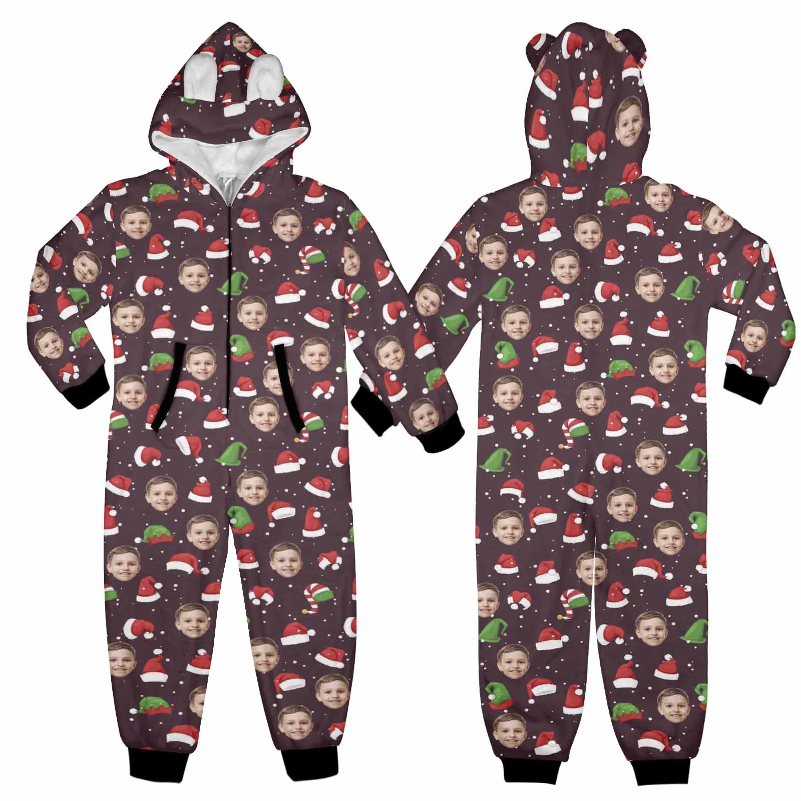 Flannel Fleece Adult/Kid Onesie Pajamas Custom Face Christmas Hat Jumpsuit Homewear