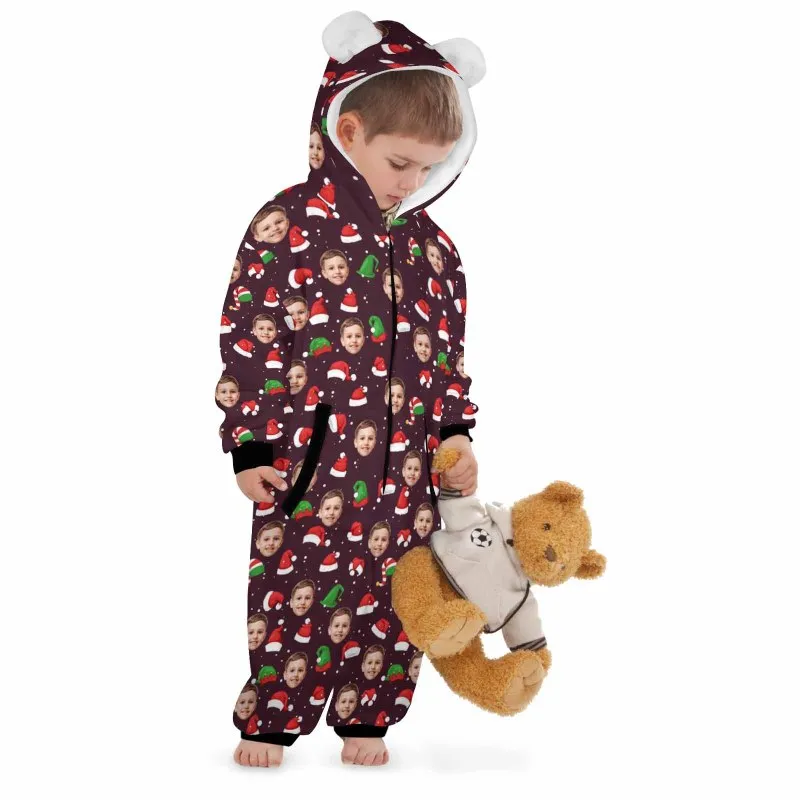 Flannel Fleece Adult/Kid Onesie Pajamas Custom Face Christmas Hat Jumpsuit Homewear