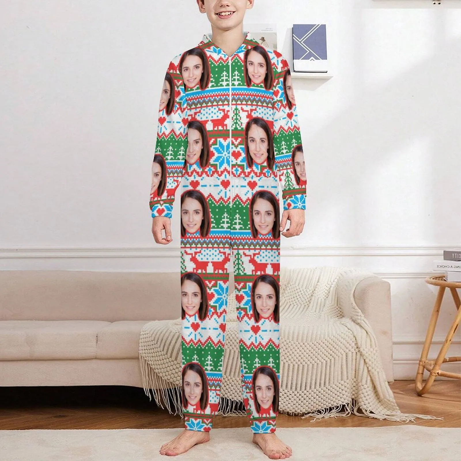 Flannel Fleece Adult/Kid Onesie Pajamas Custom Face Christmas Jumpsuit Homewear