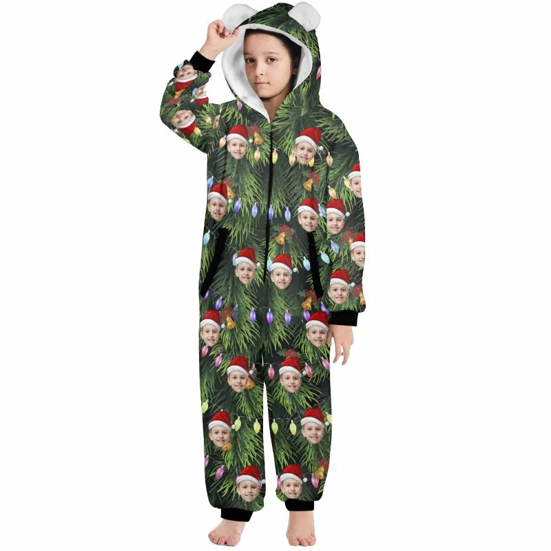 Flannel Fleece Adult/Kid Onesie Pajamas Custom Face Christmas Lights Jumpsuit Homewear