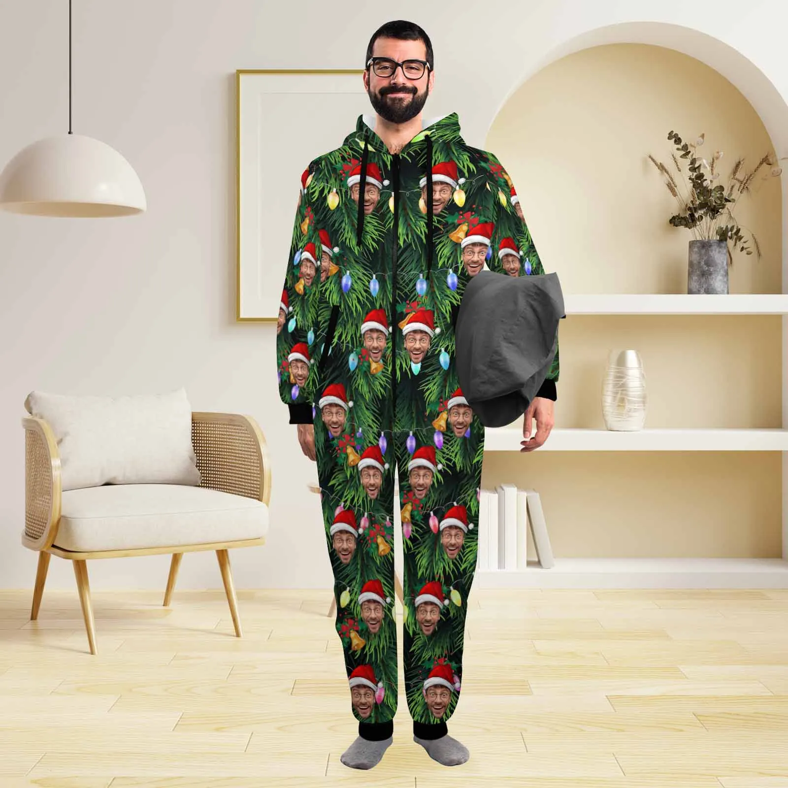 Flannel Fleece Adult/Kid Onesie Pajamas Custom Face Christmas Lights Jumpsuit Homewear