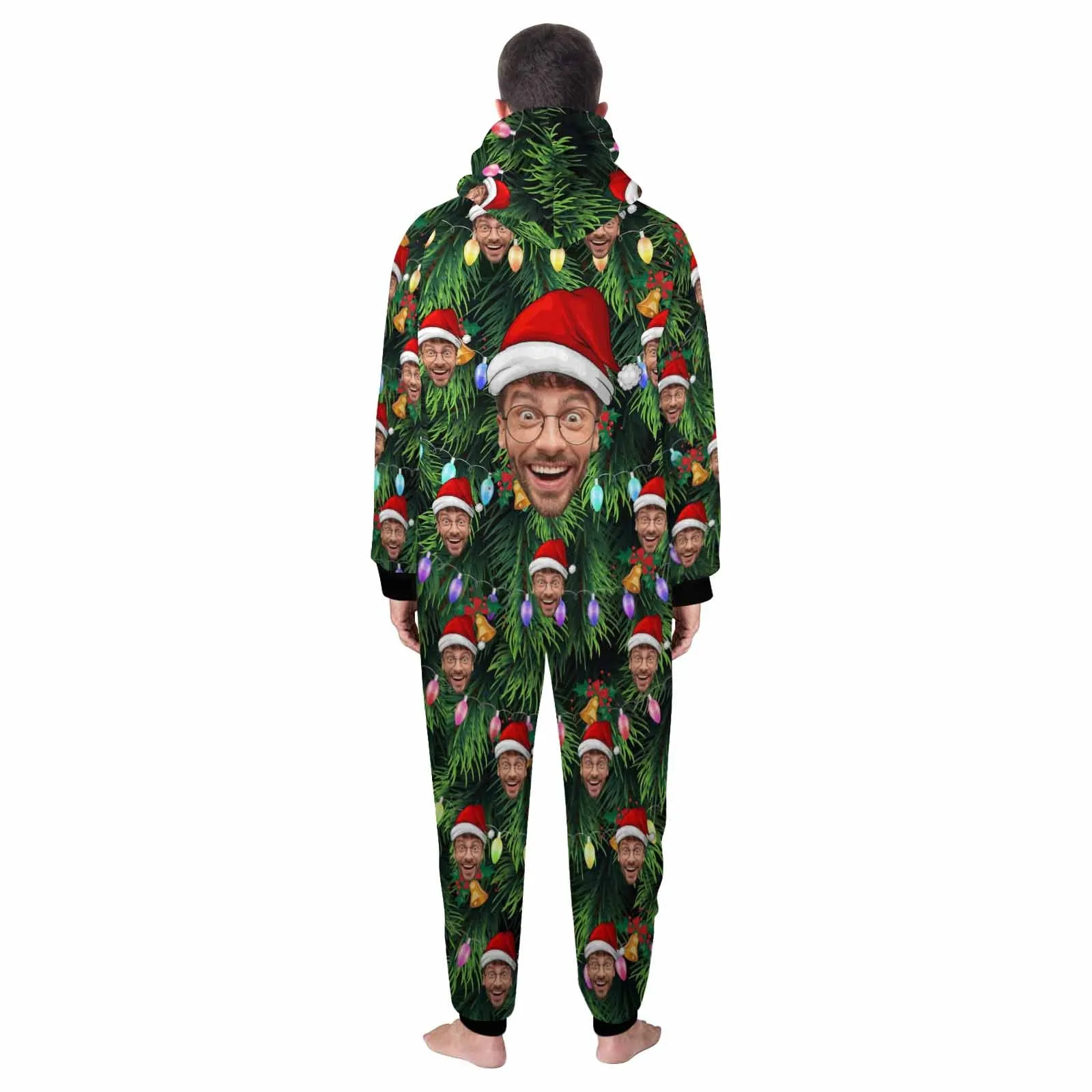 Flannel Fleece Adult/Kid Onesie Pajamas Custom Face Christmas Lights Jumpsuit Homewear