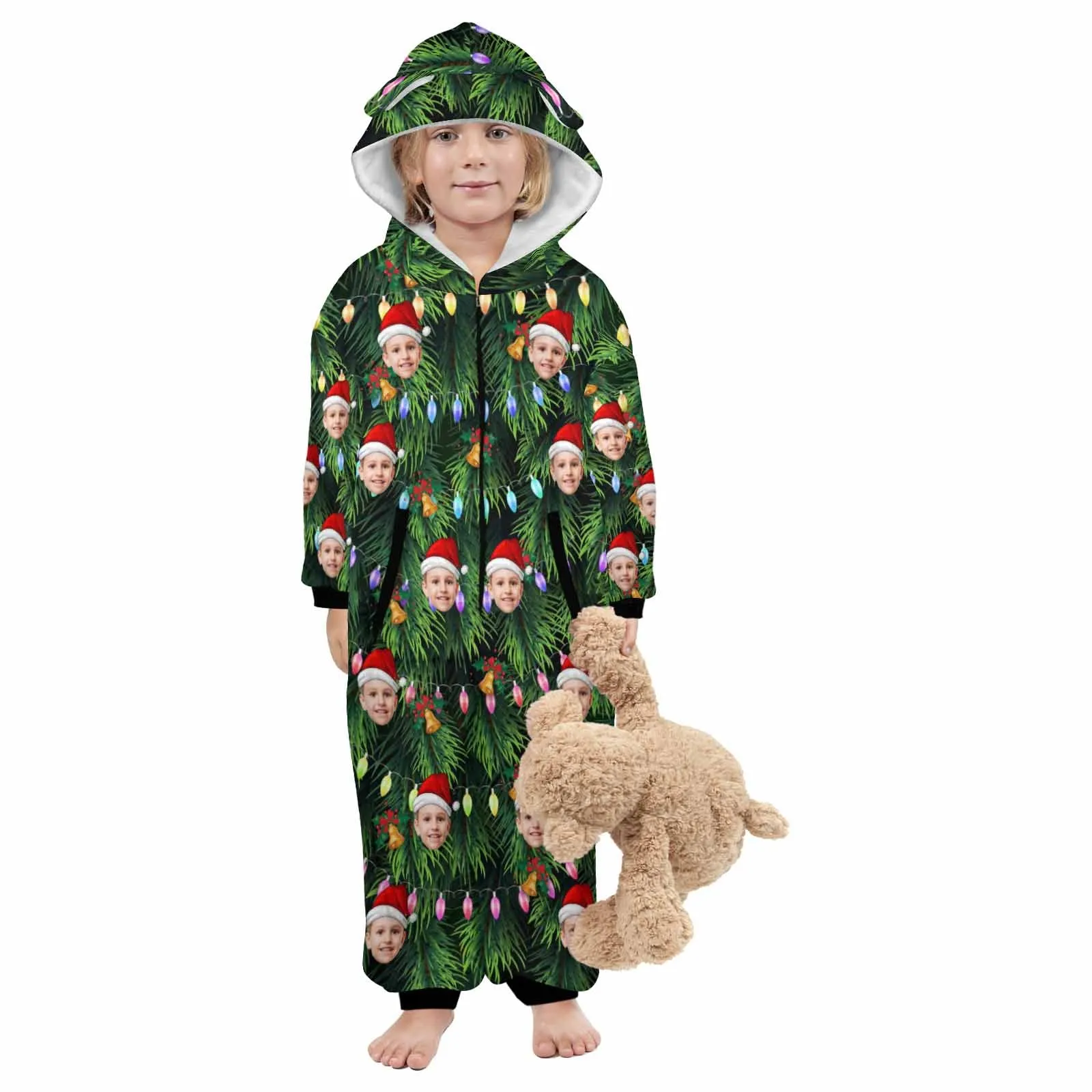 Flannel Fleece Adult/Kid Onesie Pajamas Custom Face Christmas Lights Jumpsuit Homewear