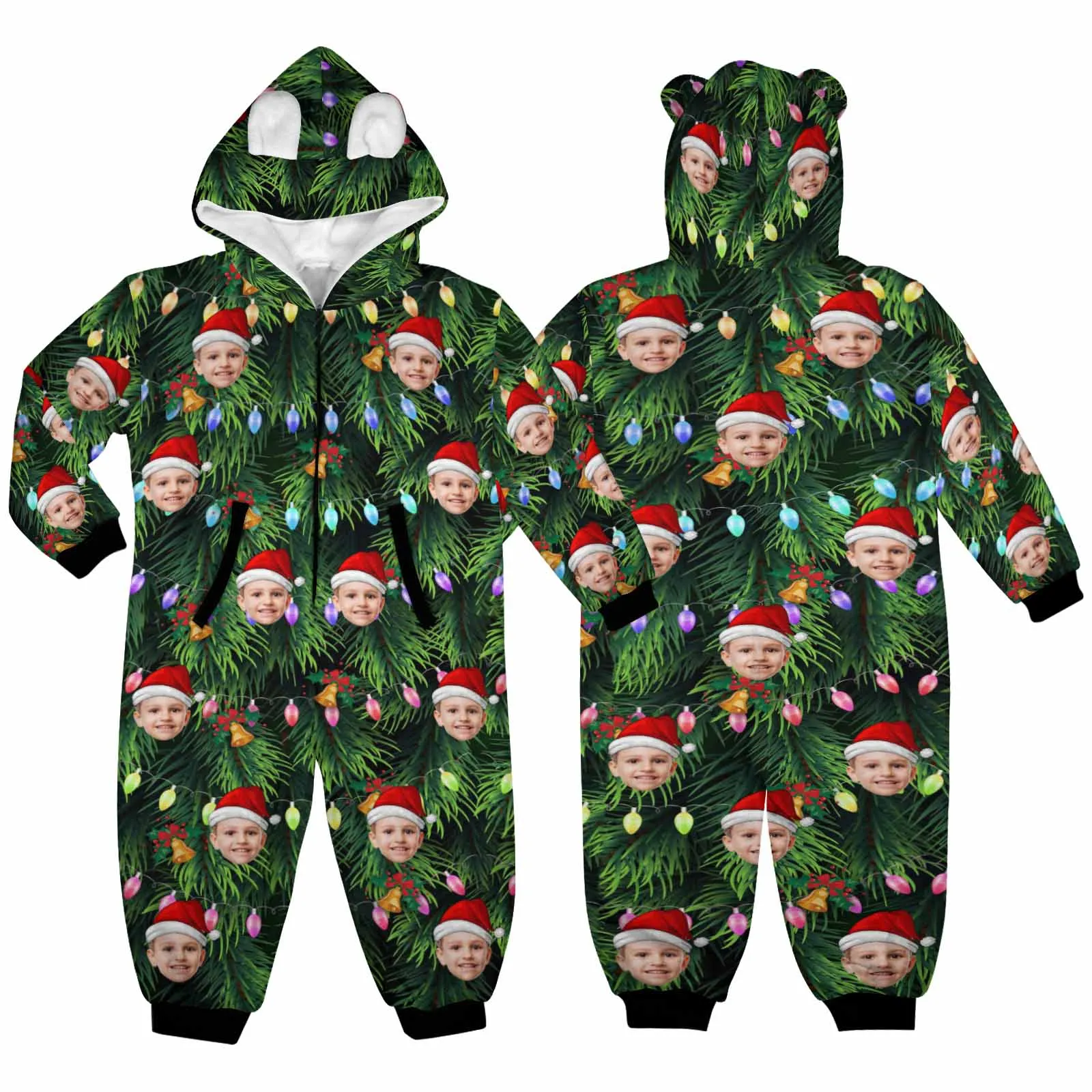 Flannel Fleece Adult/Kid Onesie Pajamas Custom Face Christmas Lights Jumpsuit Homewear