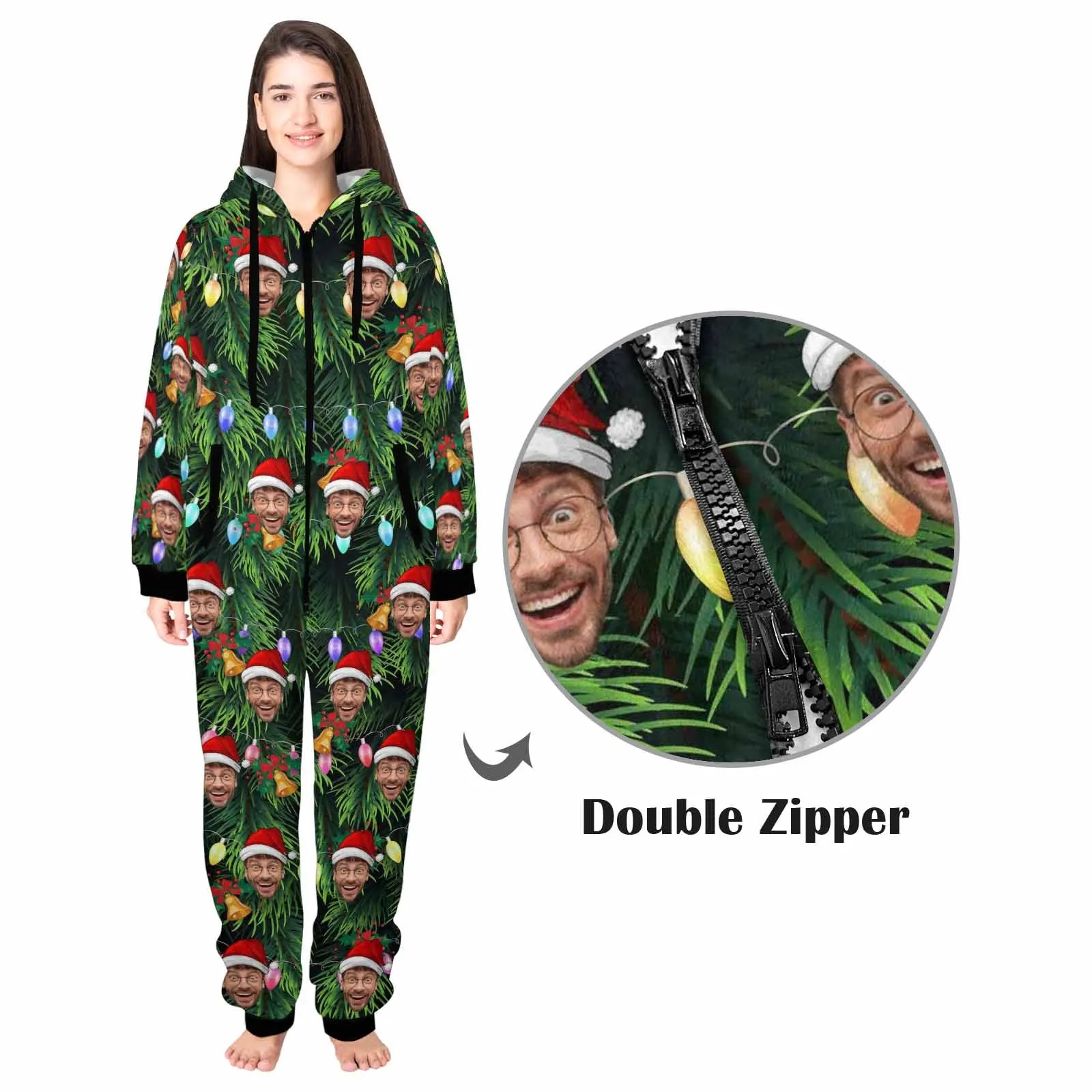 Flannel Fleece Adult/Kid Onesie Pajamas Custom Face Christmas Lights Jumpsuit Homewear