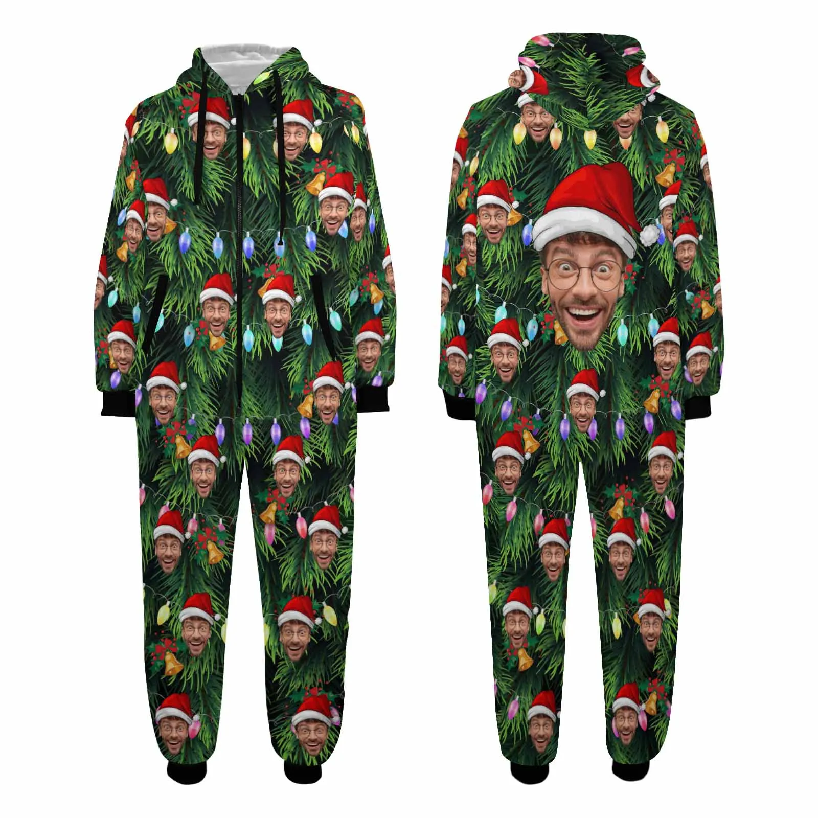 Flannel Fleece Adult/Kid Onesie Pajamas Custom Face Christmas Lights Jumpsuit Homewear