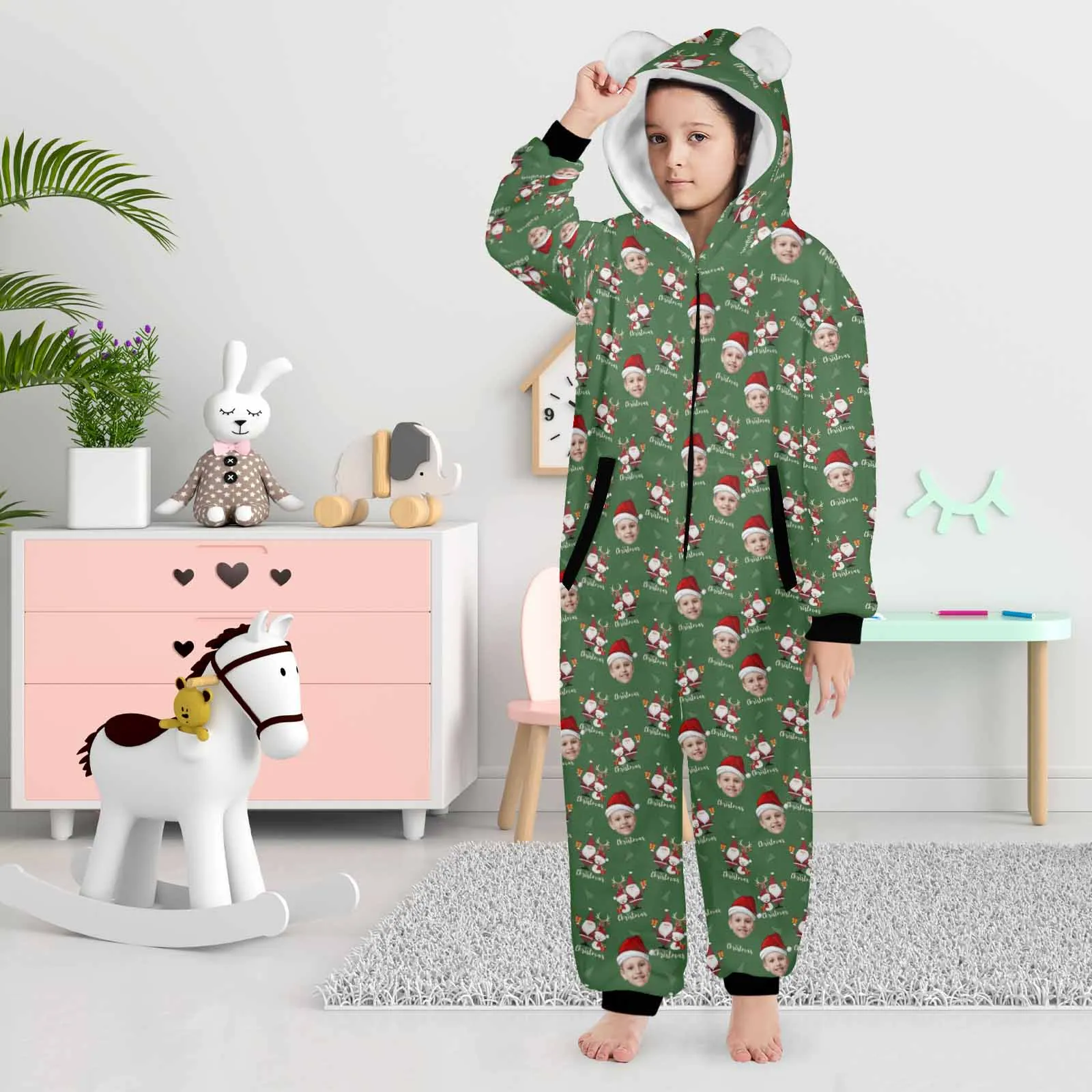 Flannel Fleece Adult/Kid Onesie Pajamas Custom Face Christmas Santa Jumpsuit Homewear