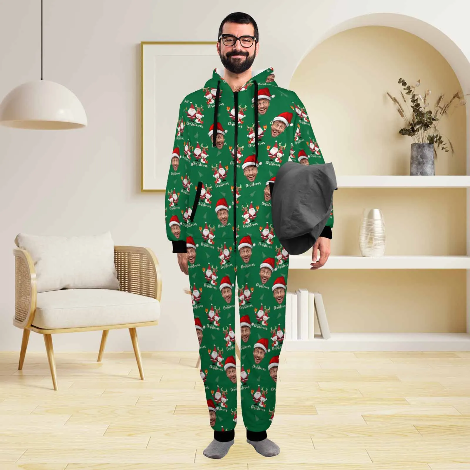 Flannel Fleece Adult/Kid Onesie Pajamas Custom Face Christmas Santa Jumpsuit Homewear