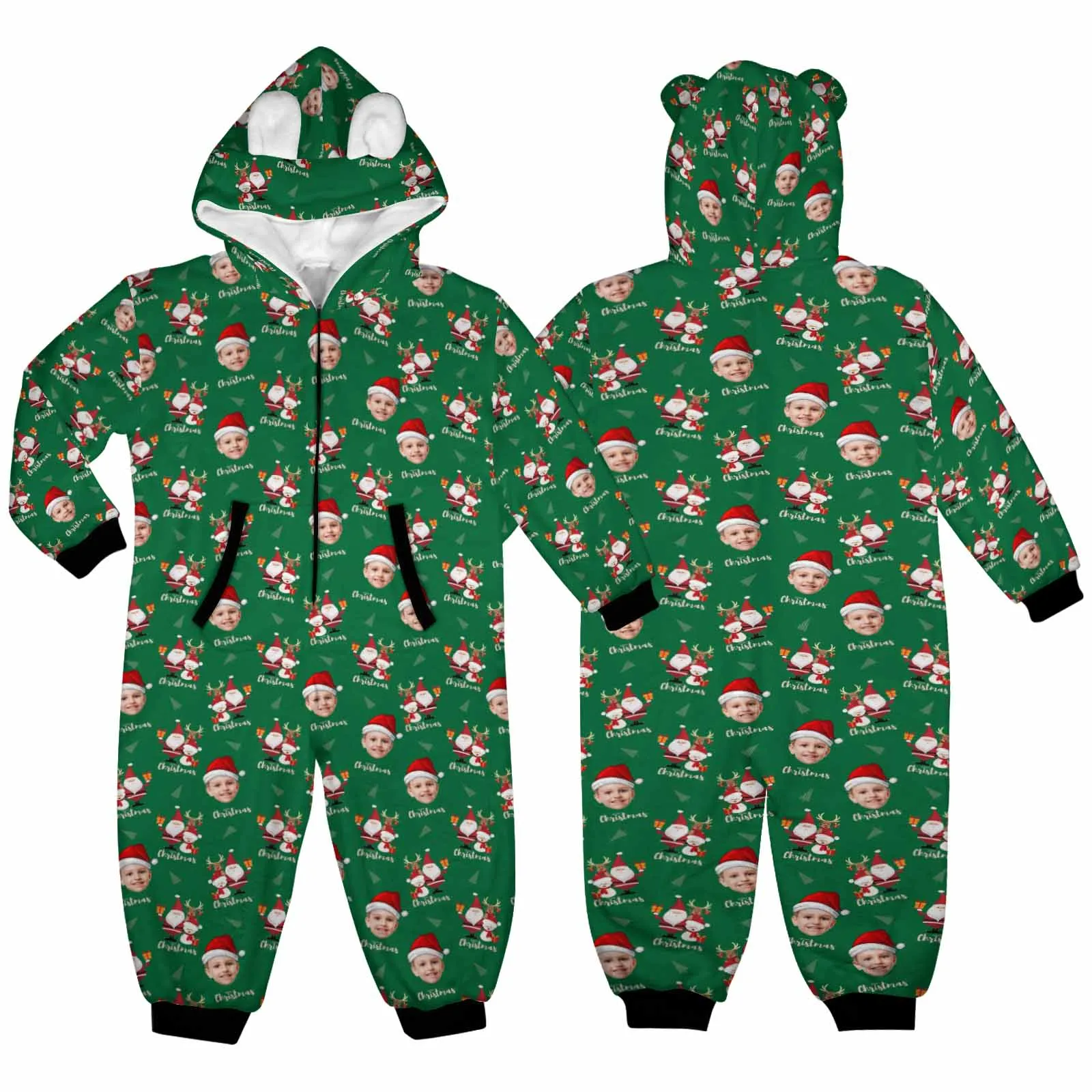 Flannel Fleece Adult/Kid Onesie Pajamas Custom Face Christmas Santa Jumpsuit Homewear