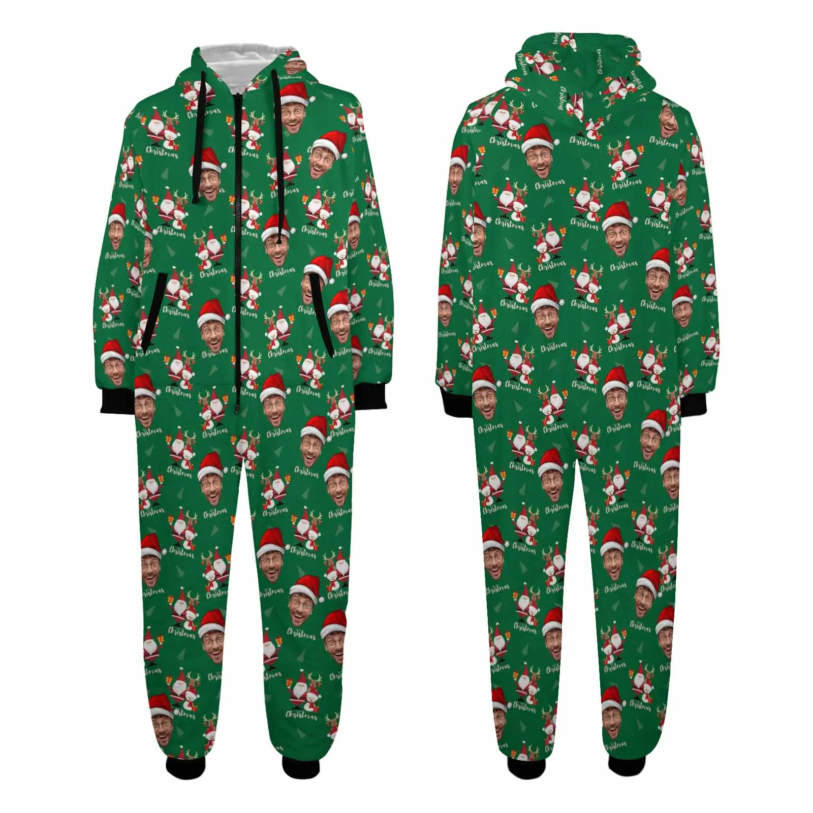 Flannel Fleece Adult/Kid Onesie Pajamas Custom Face Christmas Santa Jumpsuit Homewear