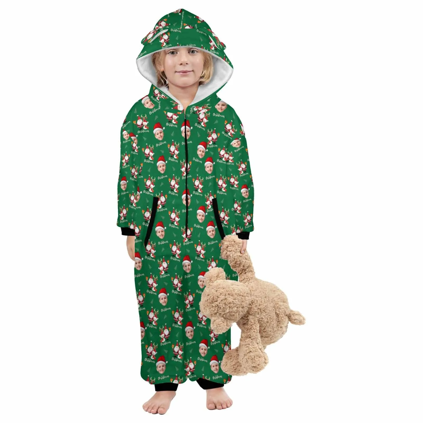 Flannel Fleece Adult/Kid Onesie Pajamas Custom Face Christmas Santa Jumpsuit Homewear