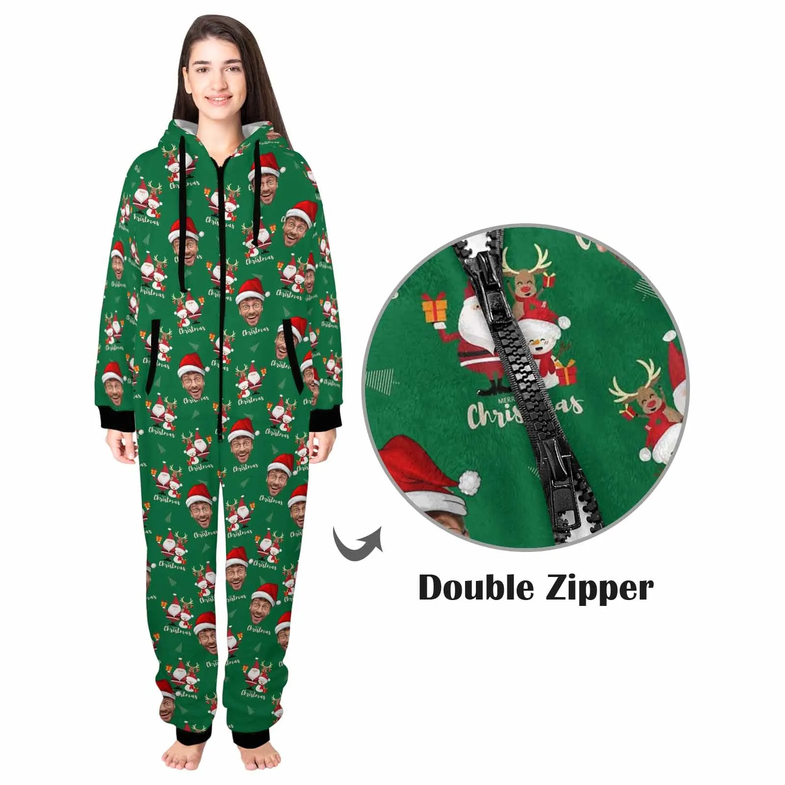 Flannel Fleece Adult/Kid Onesie Pajamas Custom Face Christmas Santa Jumpsuit Homewear