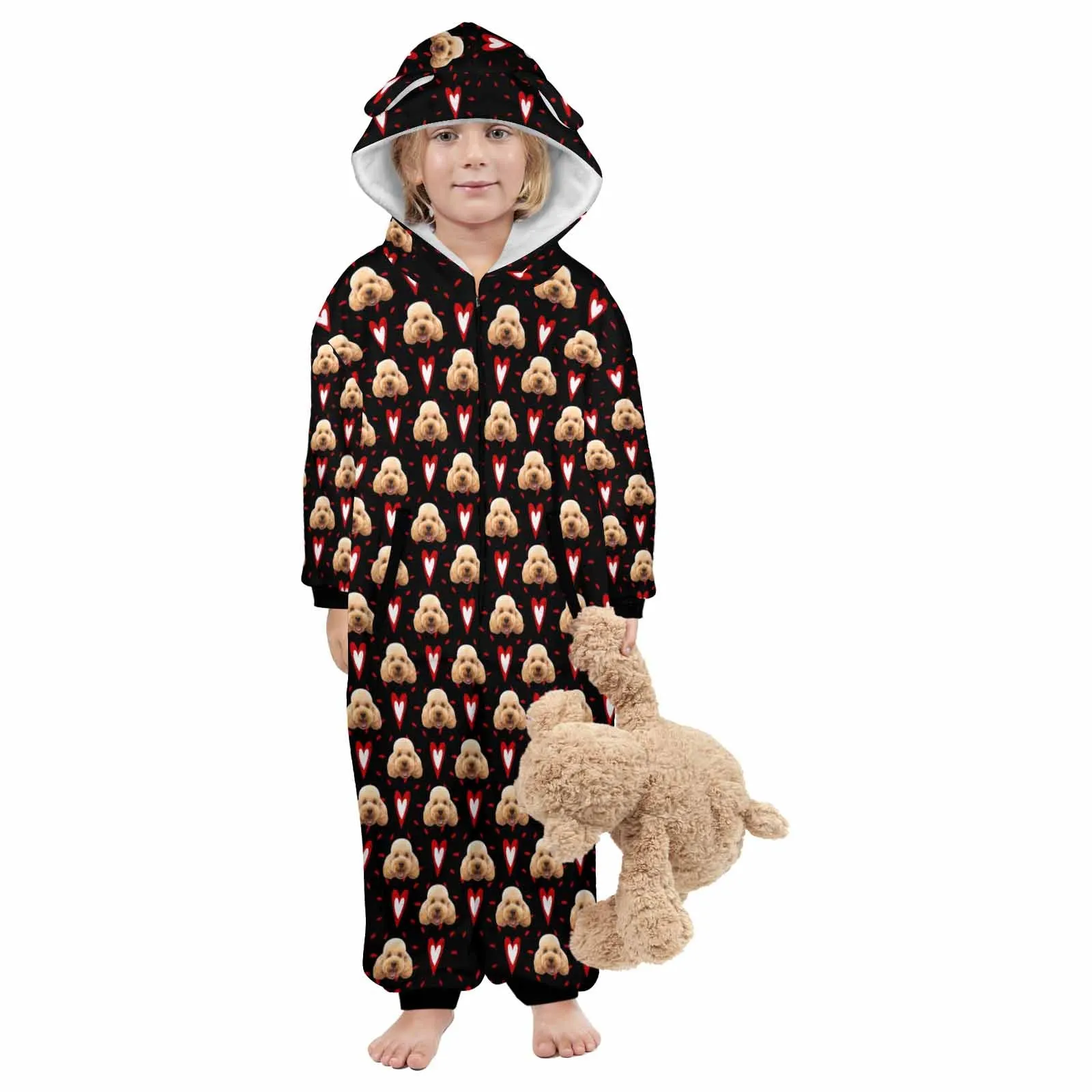 Flannel Fleece Adult/Kid Onesie Pajamas Custom Pet Face Love Heart Jumpsuit Homewear