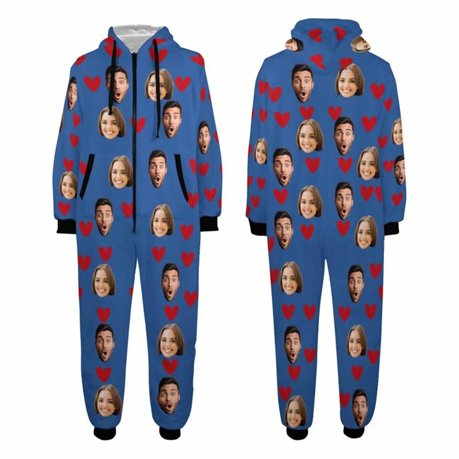 Flannel Fleece Onesie Pajamas Custom Face Love Heart Jumpsuit Homewear
