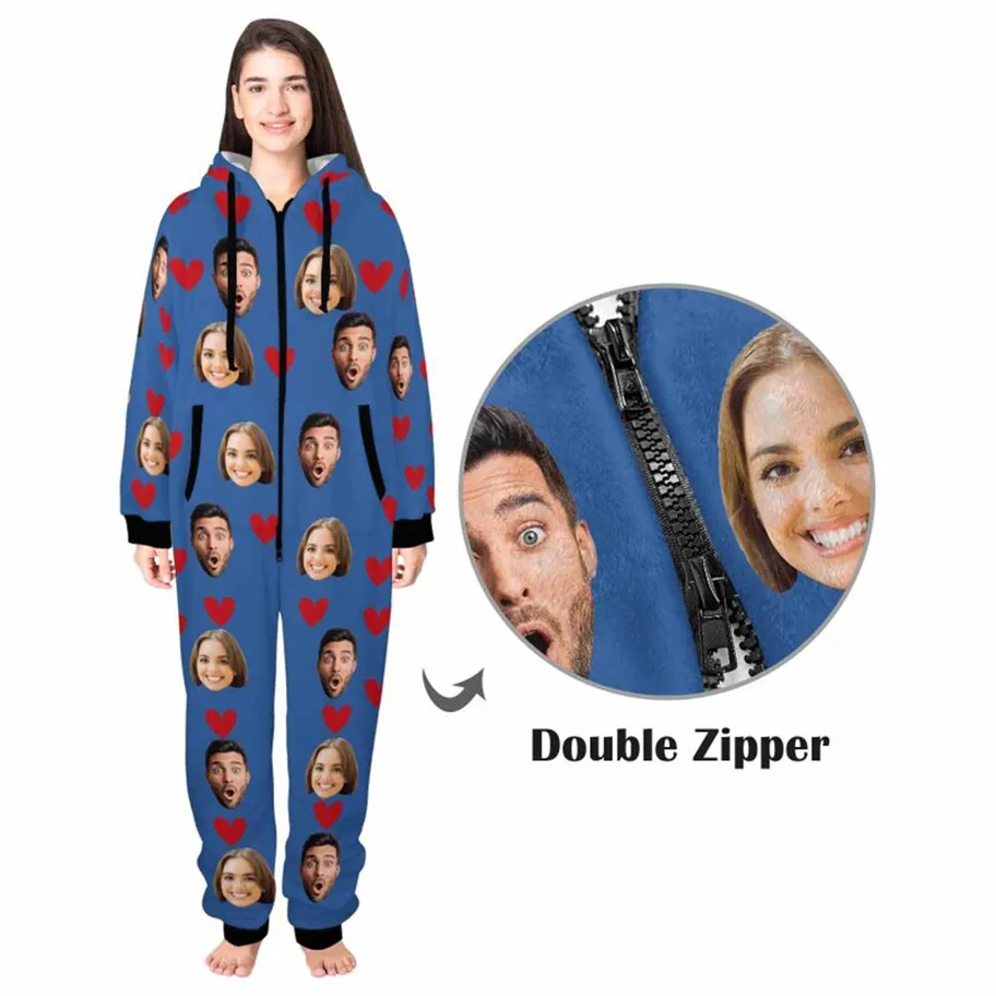 Flannel Fleece Onesie Pajamas Custom Face Love Heart Jumpsuit Homewear