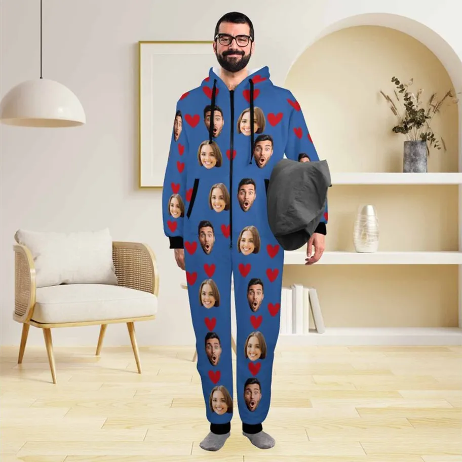 Flannel Fleece Onesie Pajamas Custom Face Love Heart Jumpsuit Homewear