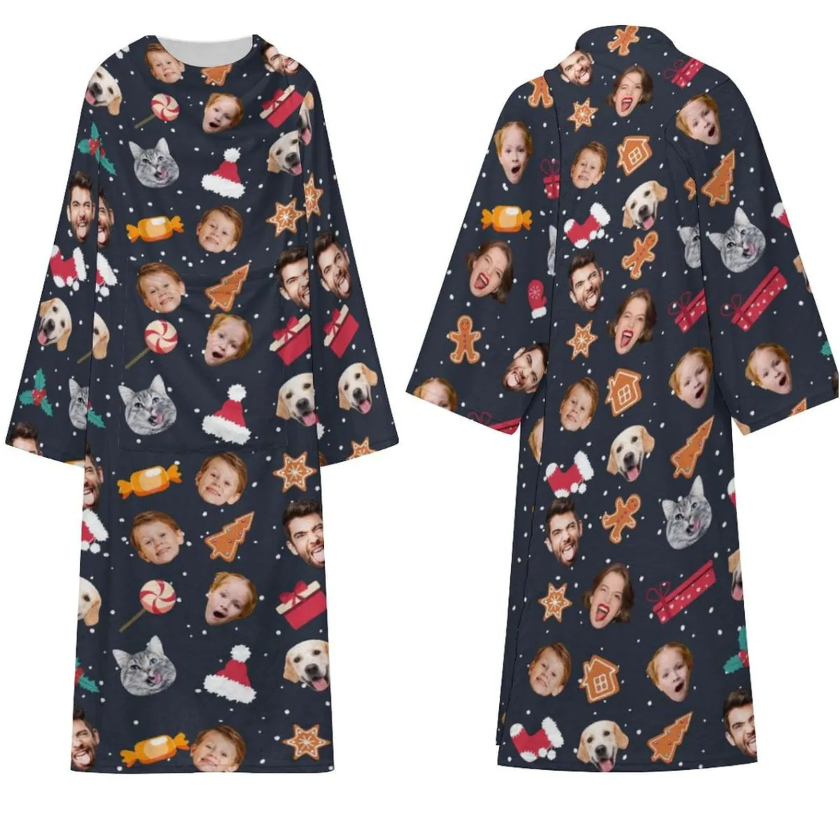 Flannel Wearable Blanket Robe Custom Face Covered Robe Oversized Hoodie Fleece Blanket Christmas Gift