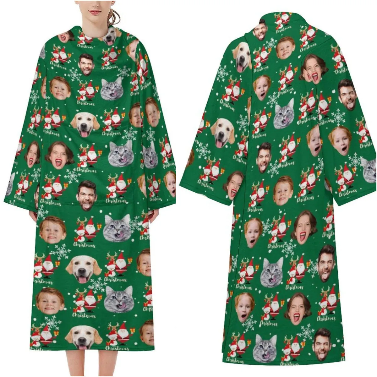 Flannel Wearable Blanket Robe Custom Face Covered Robe Oversized Hoodie Fleece Blanket Christmas Gift