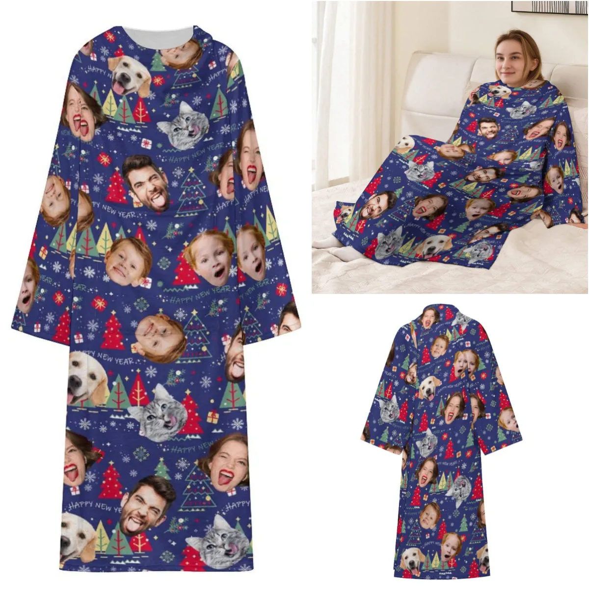 Flannel Wearable Blanket Robe Custom Face Covered Robe Oversized Hoodie Fleece Blanket Christmas Gift