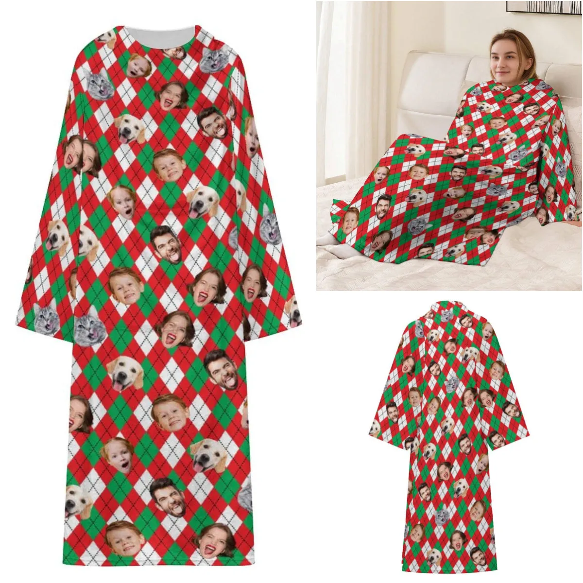 Flannel Wearable Blanket Robe Custom Face Covered Robe Oversized Hoodie Fleece Blanket Christmas Gift