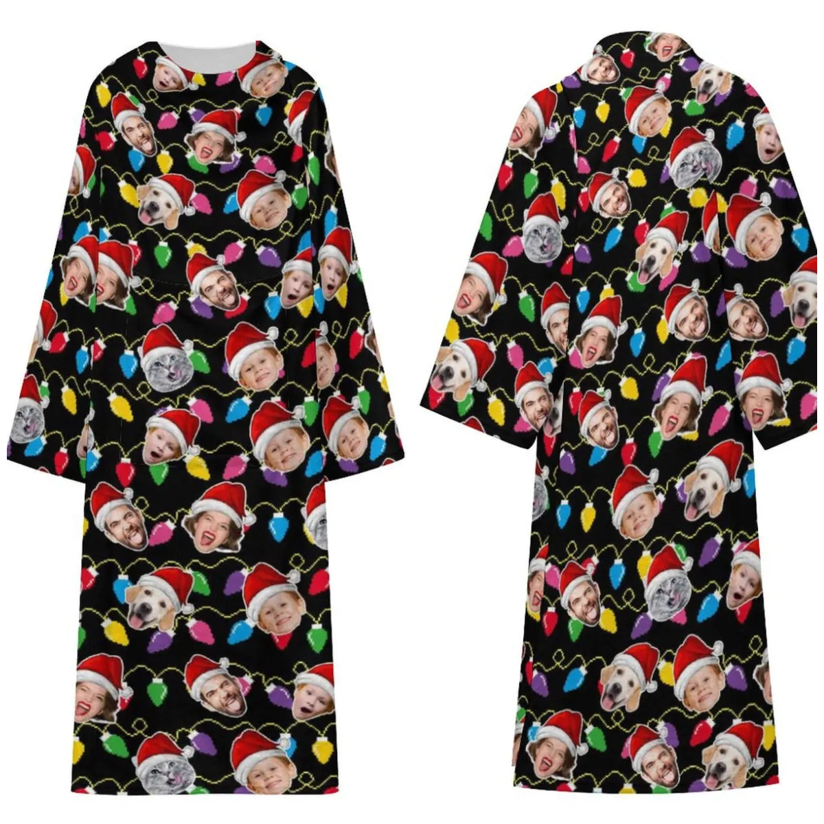Flannel Wearable Blanket Robe Custom Face Covered Robe Oversized Hoodie Fleece Blanket Christmas Gift