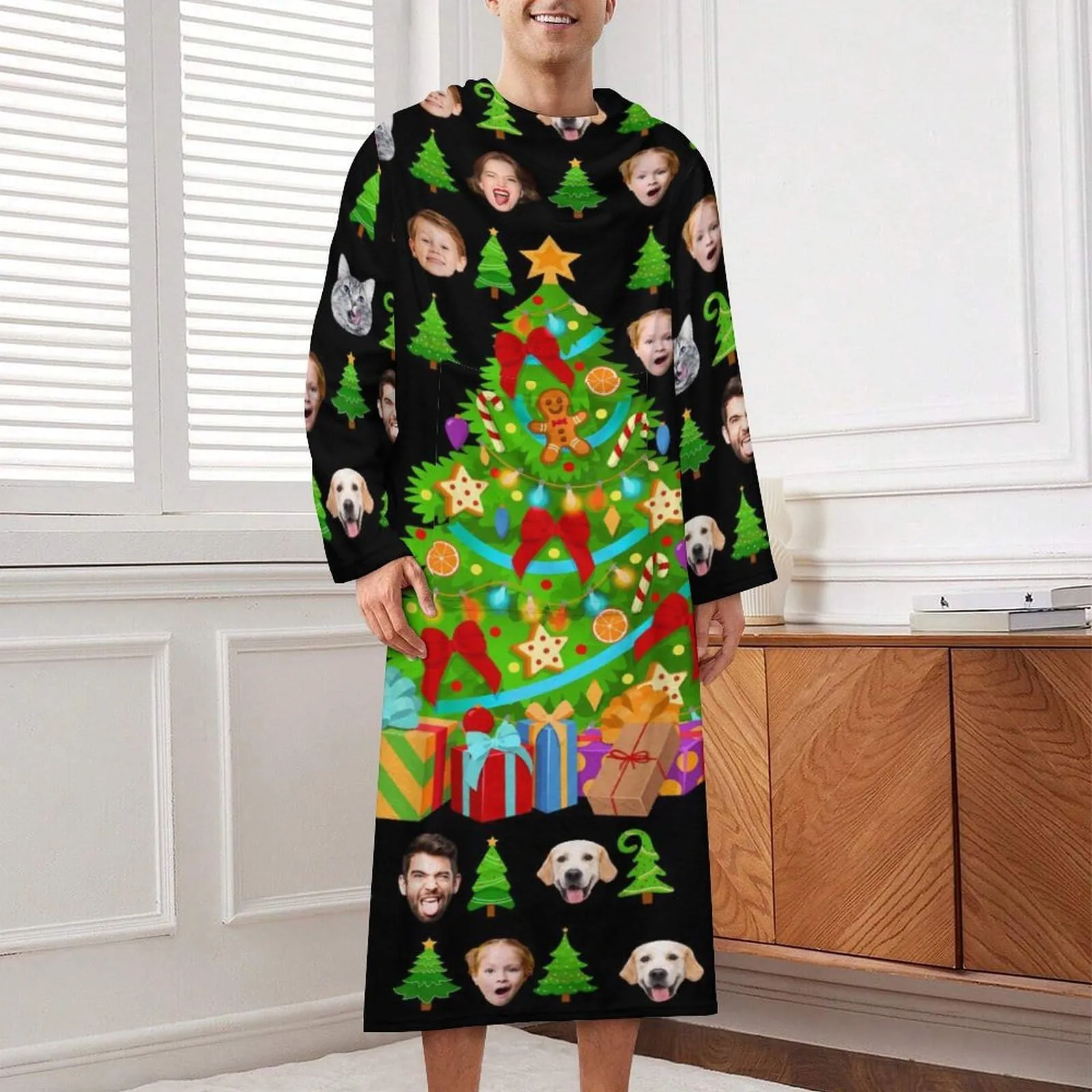 Flannel Wearable Blanket Robe Custom Face Covered Robe Oversized Hoodie Fleece Blanket Christmas Gift